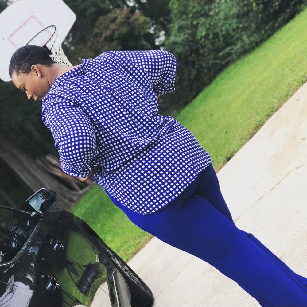 Blue and white button up top